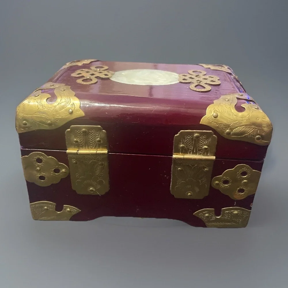 Vintage Asian Wooden Jewelry Box Ornate Brass Carved Green Jade Top Silk Lined
